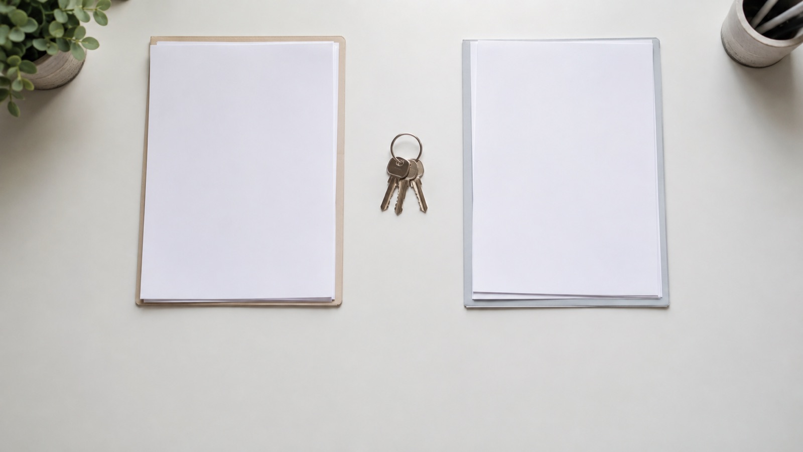 白い机に左右に分けて置かれた無地の書類2部と、その間に置かれた鍵束